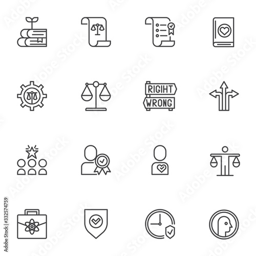 Business Ethics line icons set. linear style symbols collection, outline signs pack. vector graphics. Set includes icons as Social Responsibility, Core values, Brainstorming, Teamwork, Transparency