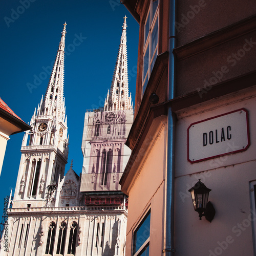 Zagreb cathedral with dolac sign photo