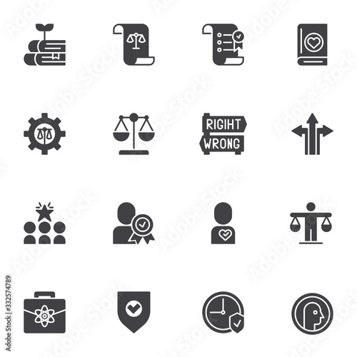 Business Ethics vector icons set, modern solid symbol collection, filled style pictogram pack. Signs logo illustration. Set includes icons as Social Responsibility, Core value, Brainstorming, Teamwork
