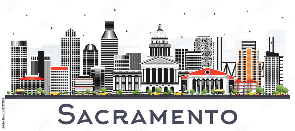 Sacramento California City Skyline with Gray Buildings Isolated on White.