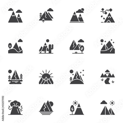 Mountain landscape vector icons set, modern solid symbol collection, filled style pictogram pack. Signs, logo illustration. Set includes icons as snowy mountain, volcano eruption, clouds, valley hill