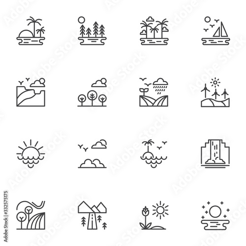 Nature, landscape line icons set. linear style symbols collection, outline signs pack. vector graphics. Set includes icons as tropical palm tree, beach sunset, seascape, waterfall, mountains, valley