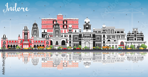 Indore India City Skyline with Gray Buildings, Blue Sky and Reflections.