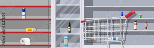 Interior of supermarket with empty shelves. Empty shopping cart, food hoarding. No food or necessities in store. Financial crisis, war, epidemic virus. Panic of Coronavirus. Flat vector illustration