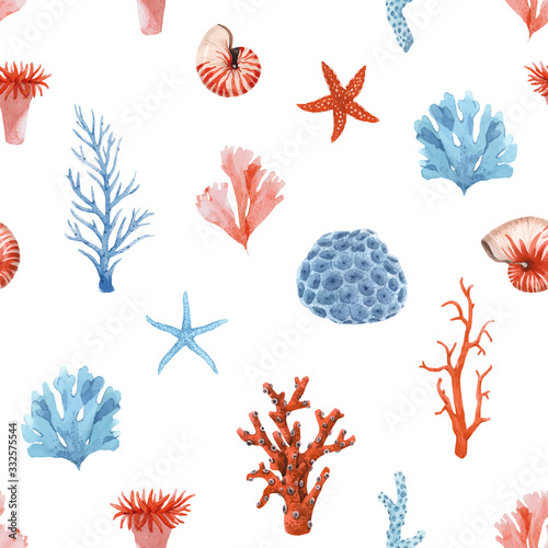 Beautiful vector seamless pattern with underwater watercolor sea life. Stock illustration.