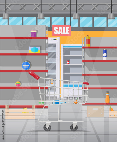 Interior of supermarket with empty shelves. Empty shopping cart, food hoarding. No food or necessities in store. Financial crisis, war, epidemic virus. Panic of Coronavirus. Flat vector illustration