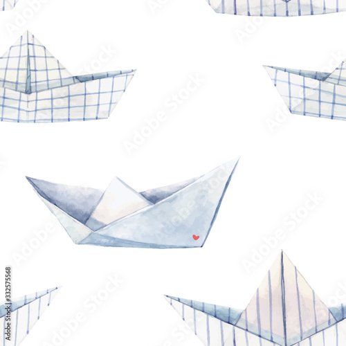 Beautiful vector seamless pattern with watercolor paper boats. Stock illustration.