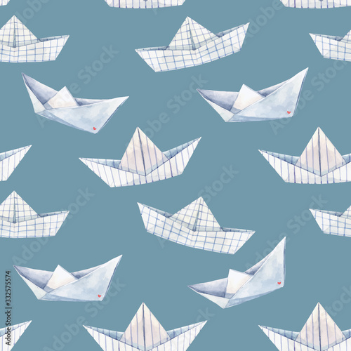 Beautiful vector seamless pattern with watercolor paper boats. Stock illustration.