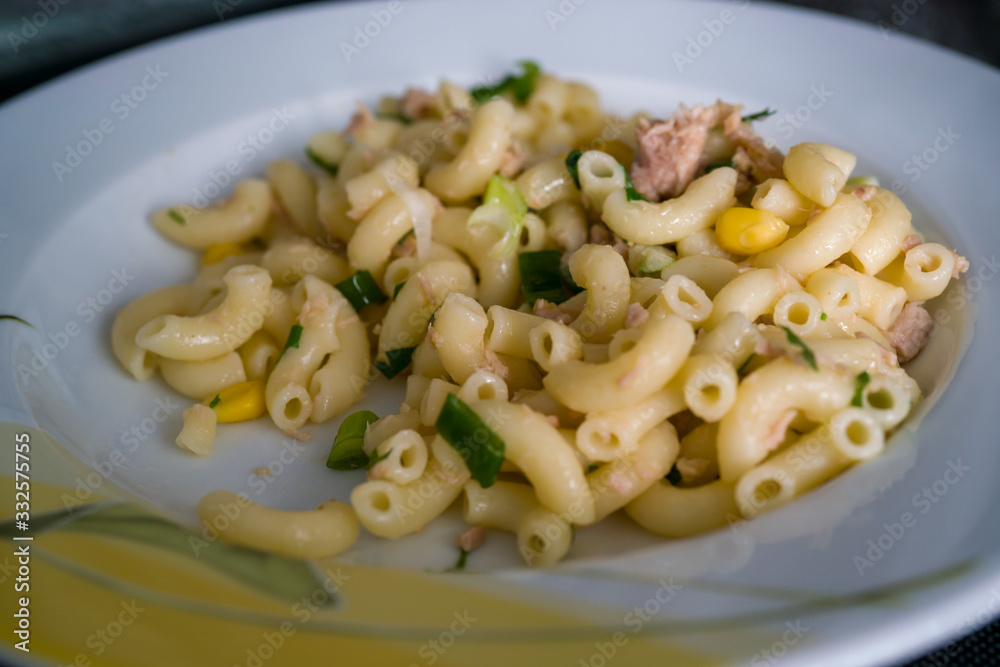 homemade pasta with tuna fish and vegetables on white plate homemade pasta with tuna fish and vegetables on white plate