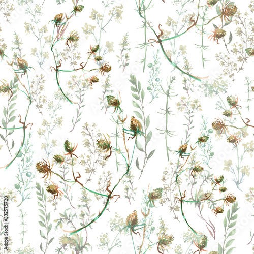 Watercolor seamless background floral pattern. grass and plant flowers, burdock, thistle, alga, inflorescence, wild herbs. Floral pattern, Illustration is made of hand-made in clipart graphics colors. © helgafo