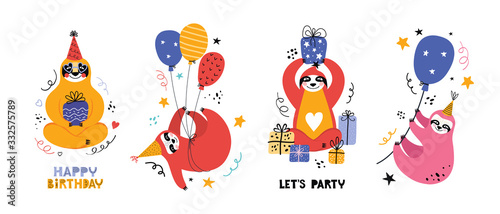 Cute kawaii sloth at a party. Cartoon bear with gifts and other holiday items. Holiday lettering. Greeting card or banner for a birthday Christmas or New year. Scandinavian flat vector illustration.