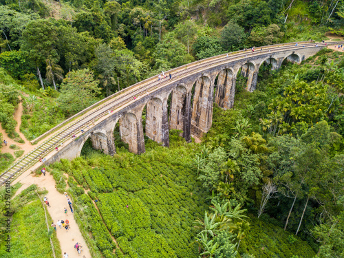 Aerial view of Nine Arch Bridge a very picturesque spot in Ella, Sri Lanka. Ella is a mountain town in the Central Highland of Sri Lanka surrounded by the beautiful greens of tea.