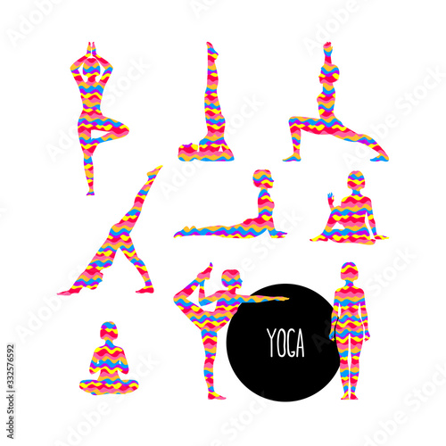 Set with beautiful woman exercising various different yoga poses training