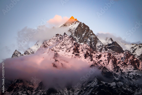 Snow clad Kinner Kailash mountain range of himalaya seen from Kalpa Himachal Pradesh India
