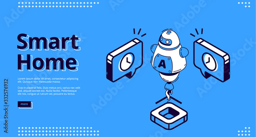 Smart home isometric web banner. Artificial intelligence robot with rocket engine control house equipment. Internet of things technology, iot services 3d vector illustration, line art, landing page