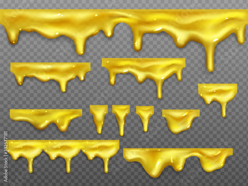 Dripping gold liquid honey isolated on transparent background. Vector realistic set of drops, splash and flow yellow syrup, oil, sticky caramel or sweet orange cream