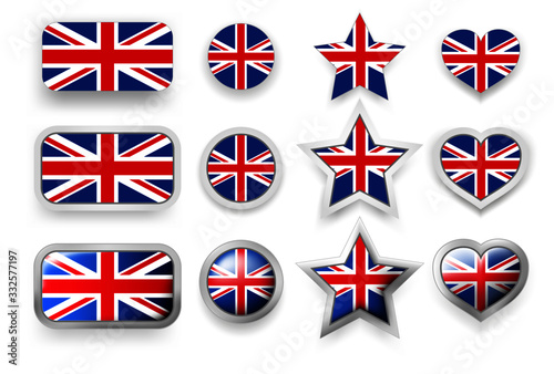 Set of United Kingdom (UK) vector labels square button, circle button, star and heart buttons in flag colors blue, red, white for flyer, poster or any holiday design