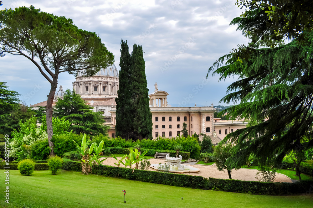 St. Peter's Basilica dome and Vatican gardens, center of Rome, Italy