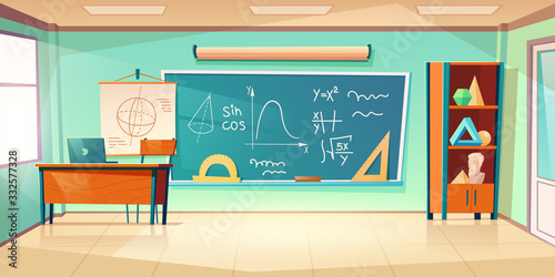 Classroom for math learning with formula on chalkboard. Vector cartoon illustration of empty school class interior for mathematics, geometry and algebra learning