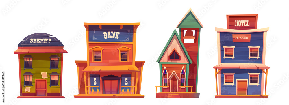 Wild west buildings set. Church, saloon, bank, sheriff and hotel wooden traditional western architecture isolated on white background. House exterior, cowboy style design, Cartoon vector clip art