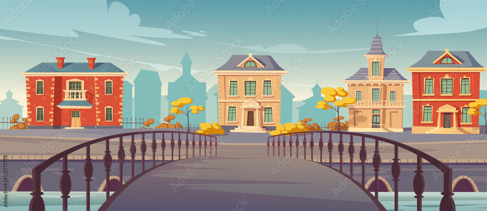 City street with old buildings view from bridge. Vintage european colonial victorian houses at promenade. Cityscape retro architecture, 19th century town at river shore, cartoon vector illustration