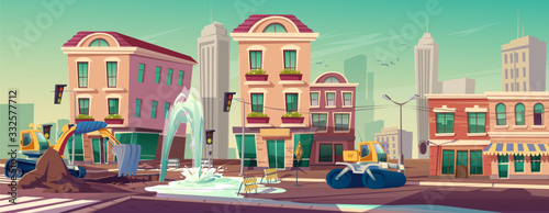 Road under construction with water fountain flow from hole in asphalt pavement fenced with traffic sign on city street. Engineering works with machinery on roadway town, Cartoon vector illustration