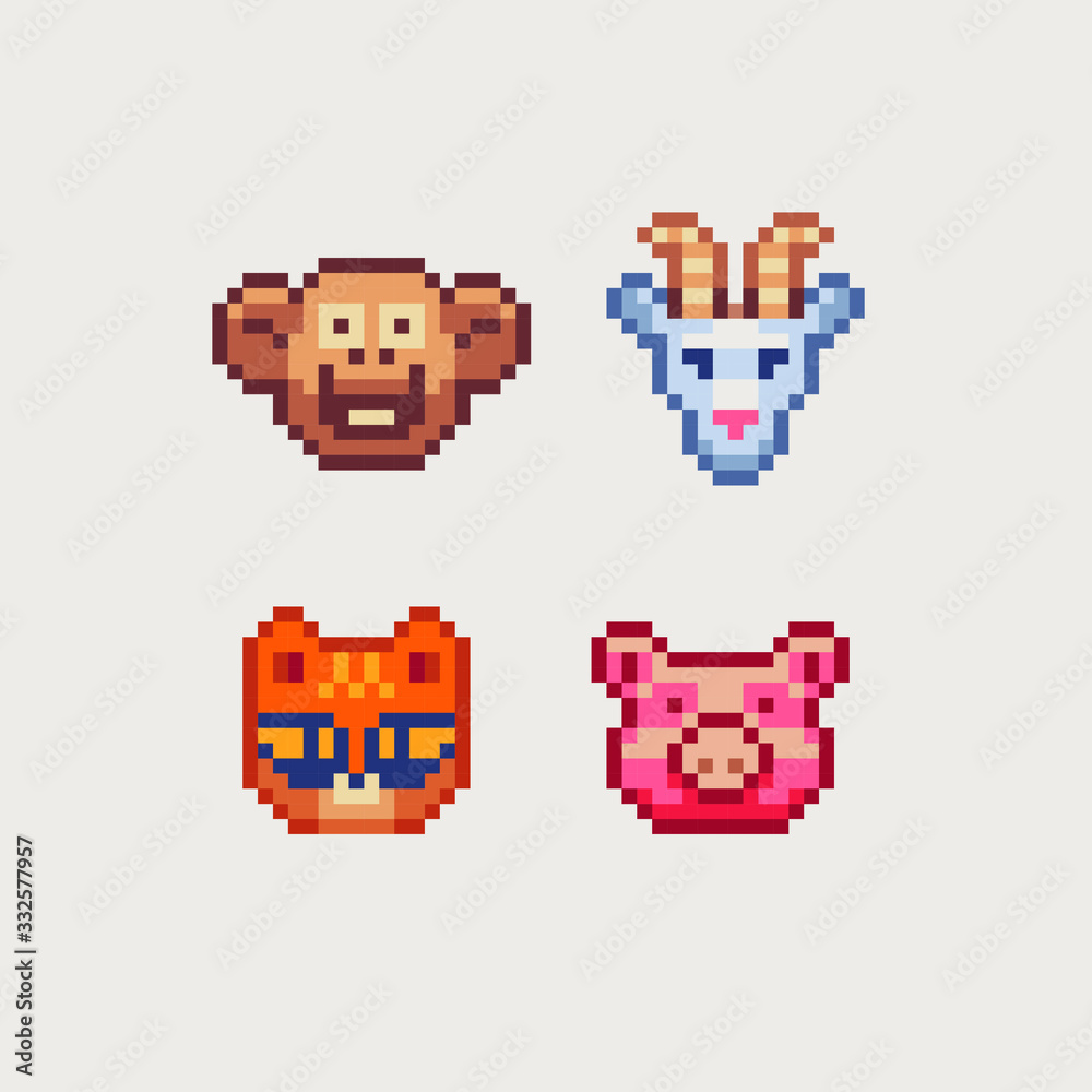 Cute animals head pixel art icon, chicken, goat, monkey, cat and pig. Design for logo, sticker and mobile app.  Isolated vector illustration. 