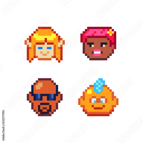 Abstract avatar faces, pixel art people head characters set design, guy and girl, man with glasses and baby, vector graphic minimalistic style  illustration. Design for game, sticker, app, web app. © thepolovinkin