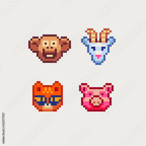 Cute animals head pixel art icon, chicken, goat, monkey, cat and pig. Design for logo, sticker and mobile app. Isolated vector illustration. 