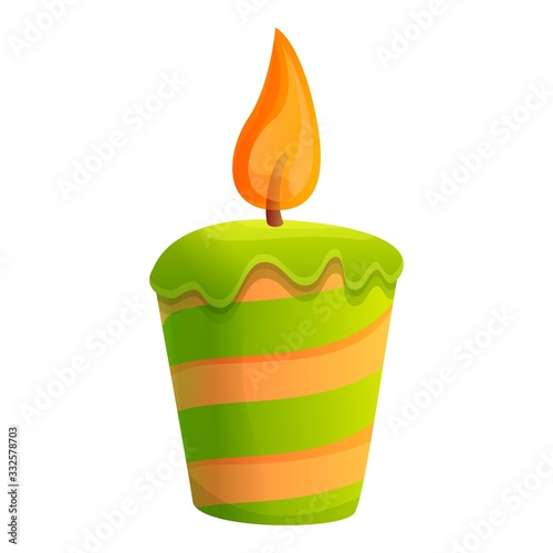 Green striped candle icon. Cartoon of green striped candle vector icon for web design isolated on white background