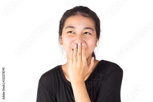 Asian woman bring one hand to cover the mouth and emotion laugh