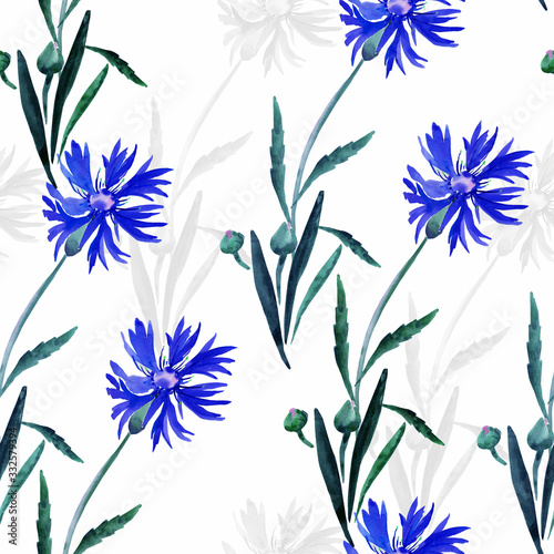 Watercolor illustration of a bouquet of wildflowers, cornflowers on a colored background
