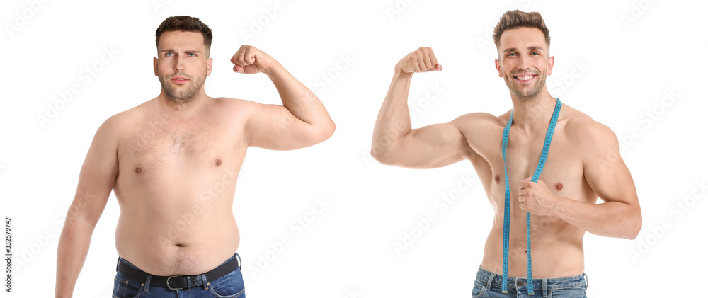 Young man before and after weight loss on white background - obrazy, fototapety, plakaty 