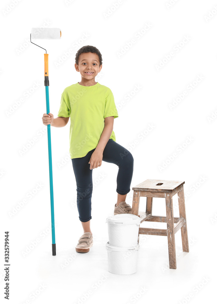 Little African-American painter on white background Little African-American painter on white background