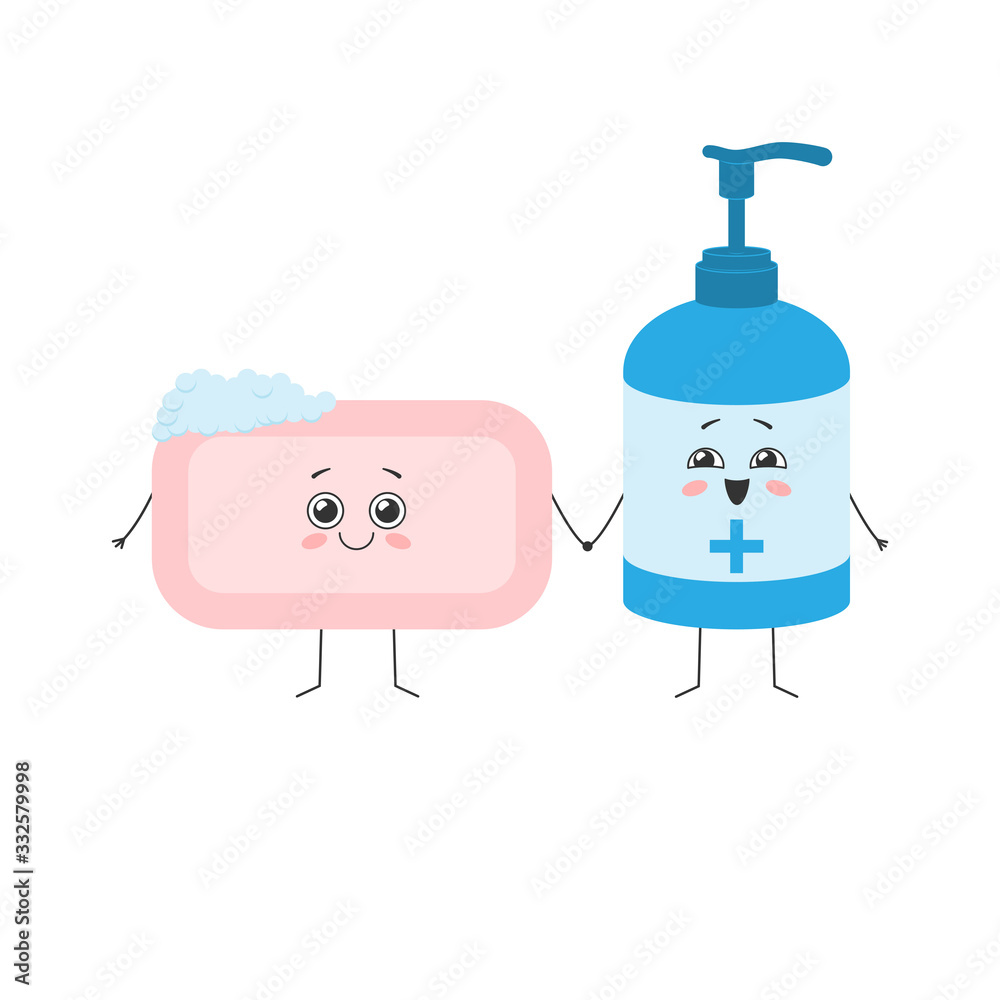 Cute characters soap and sanitizer hold hands. Hand hygiene concept. Vector illustration Cute characters soap and sanitizer hold hands. Hand hygiene concept. Vector illustration