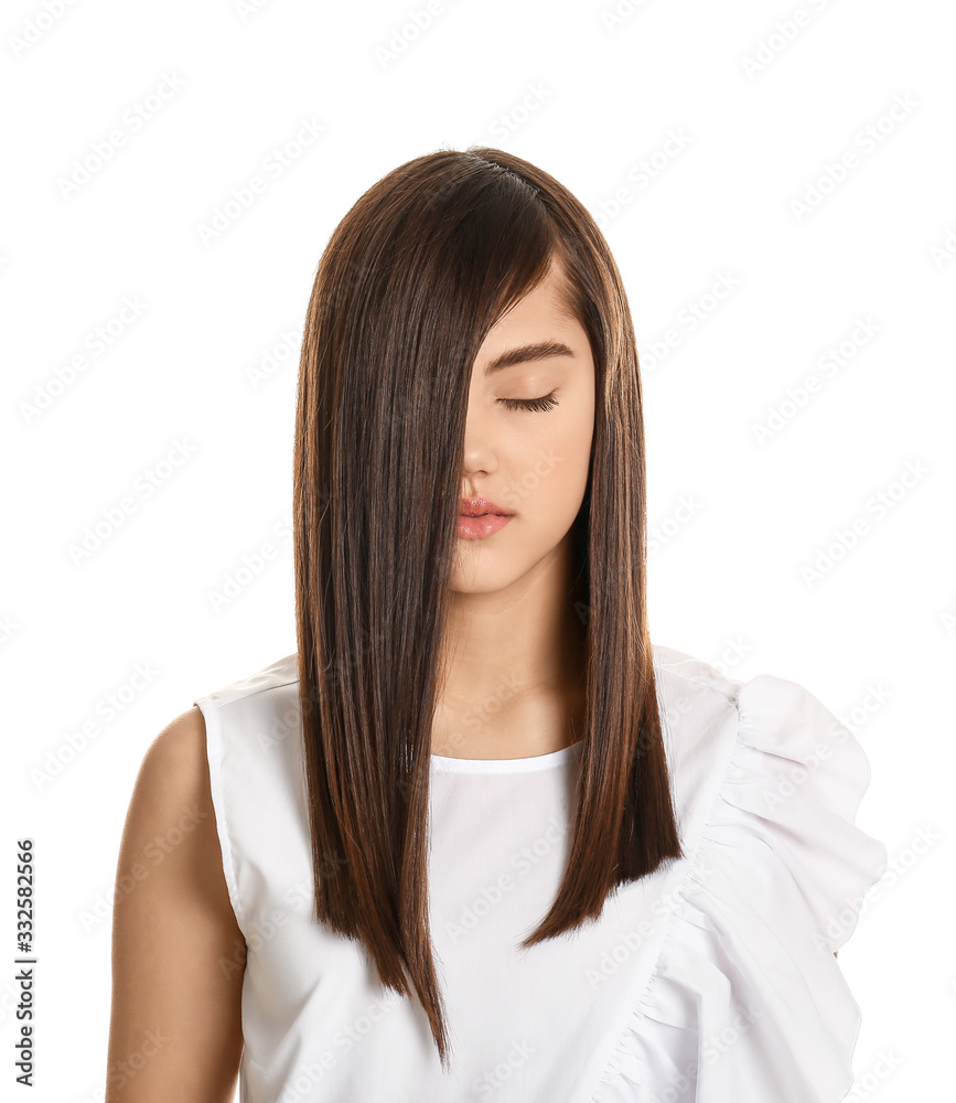 Young woman with beautiful straight hair on white background Young woman with beautiful straight hair on white background