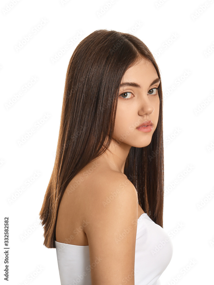 Young woman with beautiful straight hair on white background