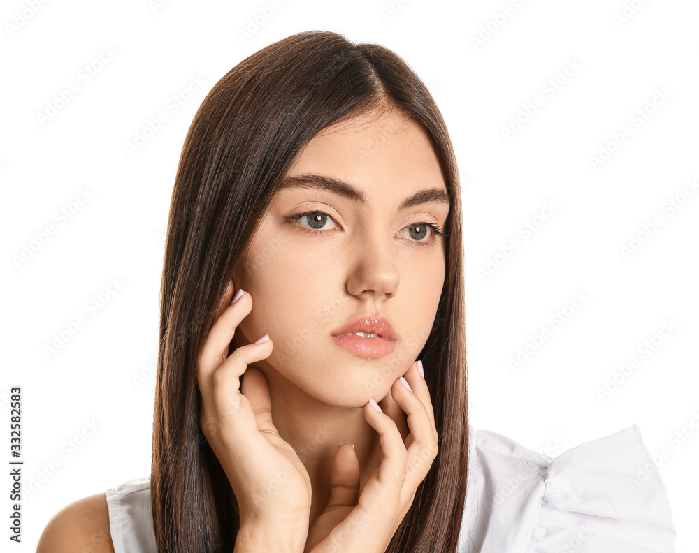 Young woman with beautiful straight hair on white background Young woman with beautiful straight hair on white background