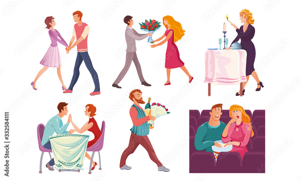 Set of couples on romantic dates in different situations. Vector illustration in flat cartoon style.
