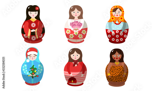 Set of nesting dolls in colorful costumes of different nationalities. Vector illustration in flat cartoon style.