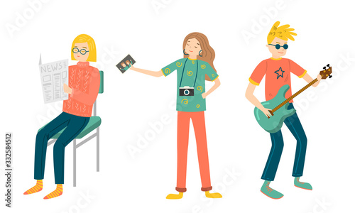 Set of girls and boys engage in hobbies. Vector illustration in flat cartoon style.