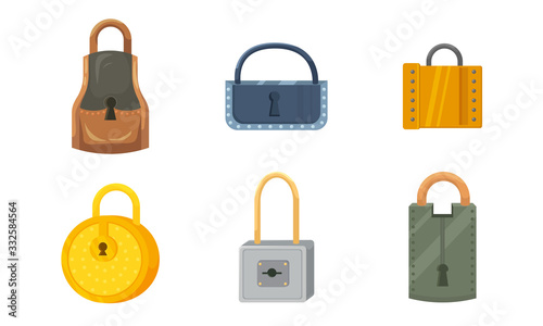 Set of different types of padlocks. Vector illustration in flat cartoon style.