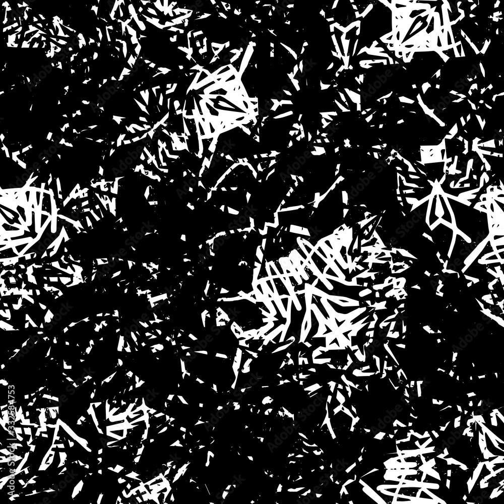 The grunge texture is black and white. Seamless abstract background. Monochrome repeating pattern