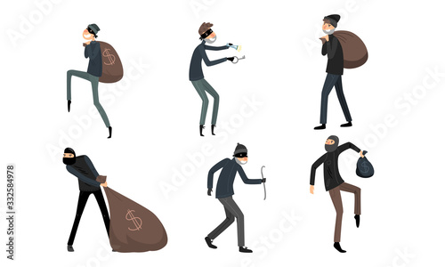 Set of thieves in masks and black suits in different action situations. Vector illustration in flat cartoon style.