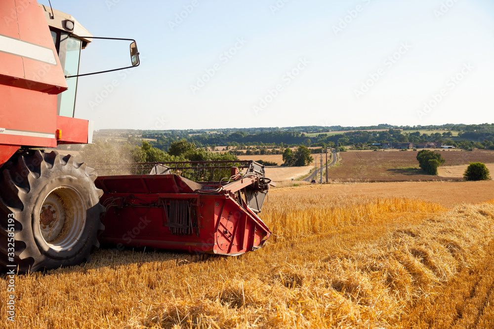 Fototapeta premium Moissonneuse au travail dans un champ de blé en France.