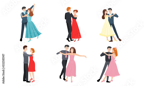 Set of young elegant male and female pairs of dancers. Vector illustration in flat cartoon style.