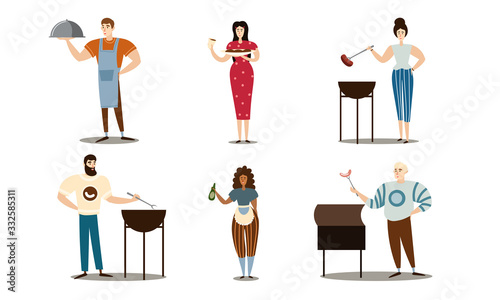 Set of different people grilling sausages on fire. Vector illustration in flat cartoon style.