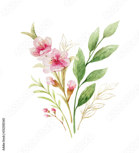 Watercolor vector bouquet of pink flowers and almond leaves.