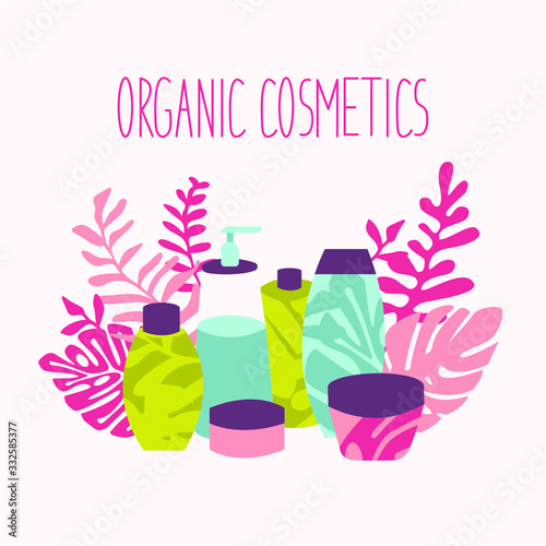 Vector colourfull cartoon illustration. Organic and natural cosmetics with tropical leaves. Cream, lotion, shampoo. Self care concept, spa, relax, beauty saloon. All elements are isolated. Flat design