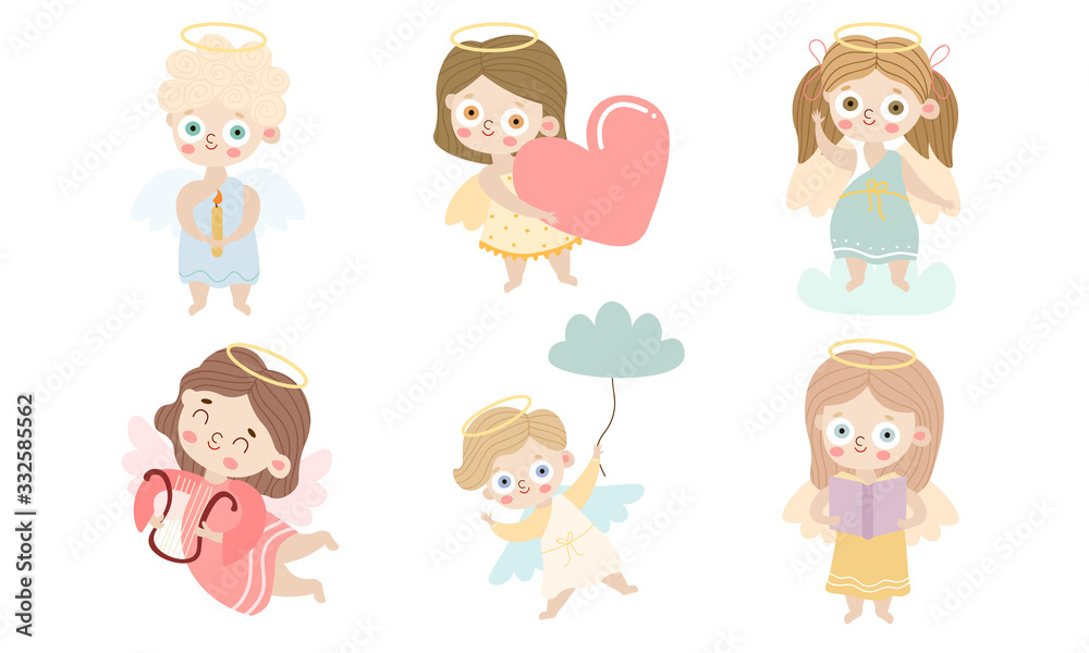 Set of cute beautiful angel kids. Vector illustration in flat cartoon style. Set of cute beautiful angel kids. Vector illustration in flat cartoon style.